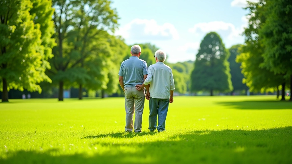 Senioru pāris plašā pļavā Kronvalda parkā, zaļums apkārt